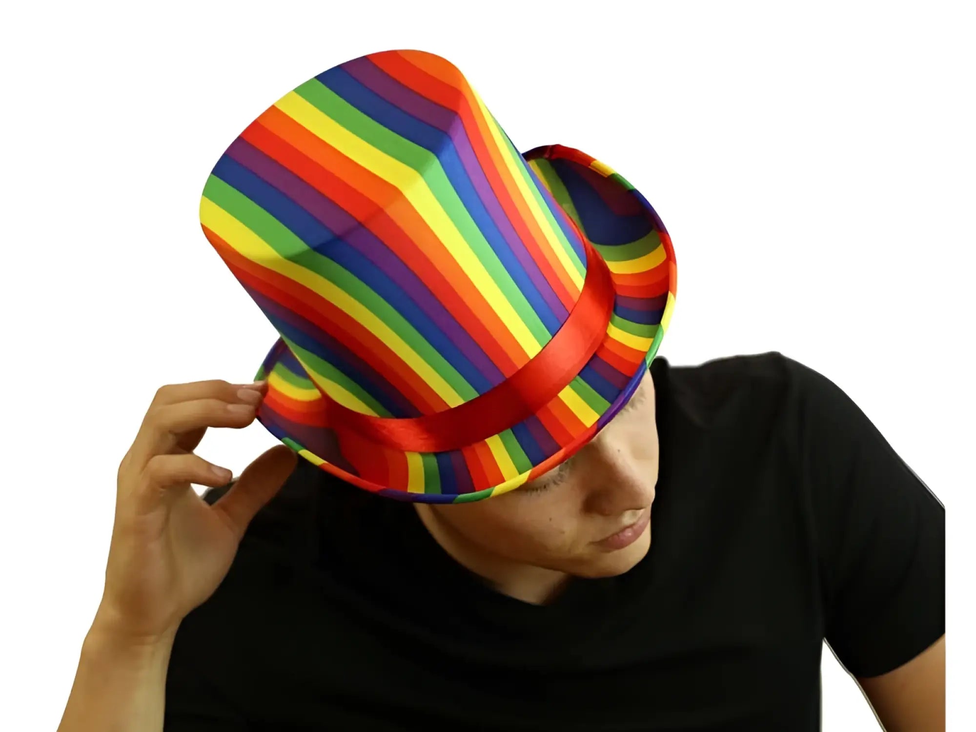 Rainbow top hat featuring rainbow stripes and a red satin band suitable for festive or costume wear