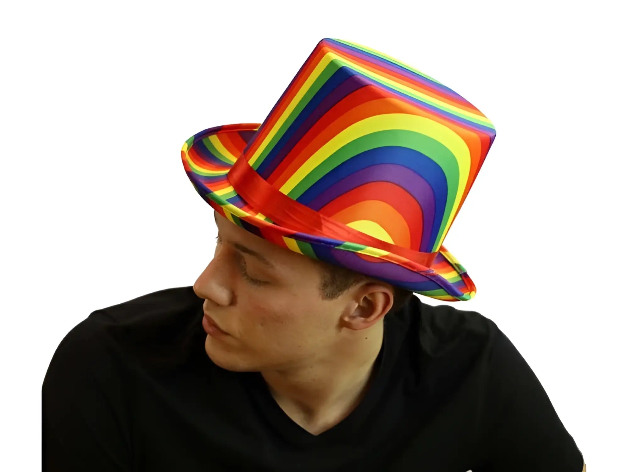 A vibrant rainbow top hat with a glossy finish and a red ribbon band perfect for festive occasions