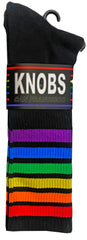 Black knit rainbow tube socks with vibrant stripes branded knobs san francisco for casual wear