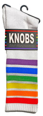 White knit rainbow tube socks with vibrant stripes and black knobs san francisco hanger tag