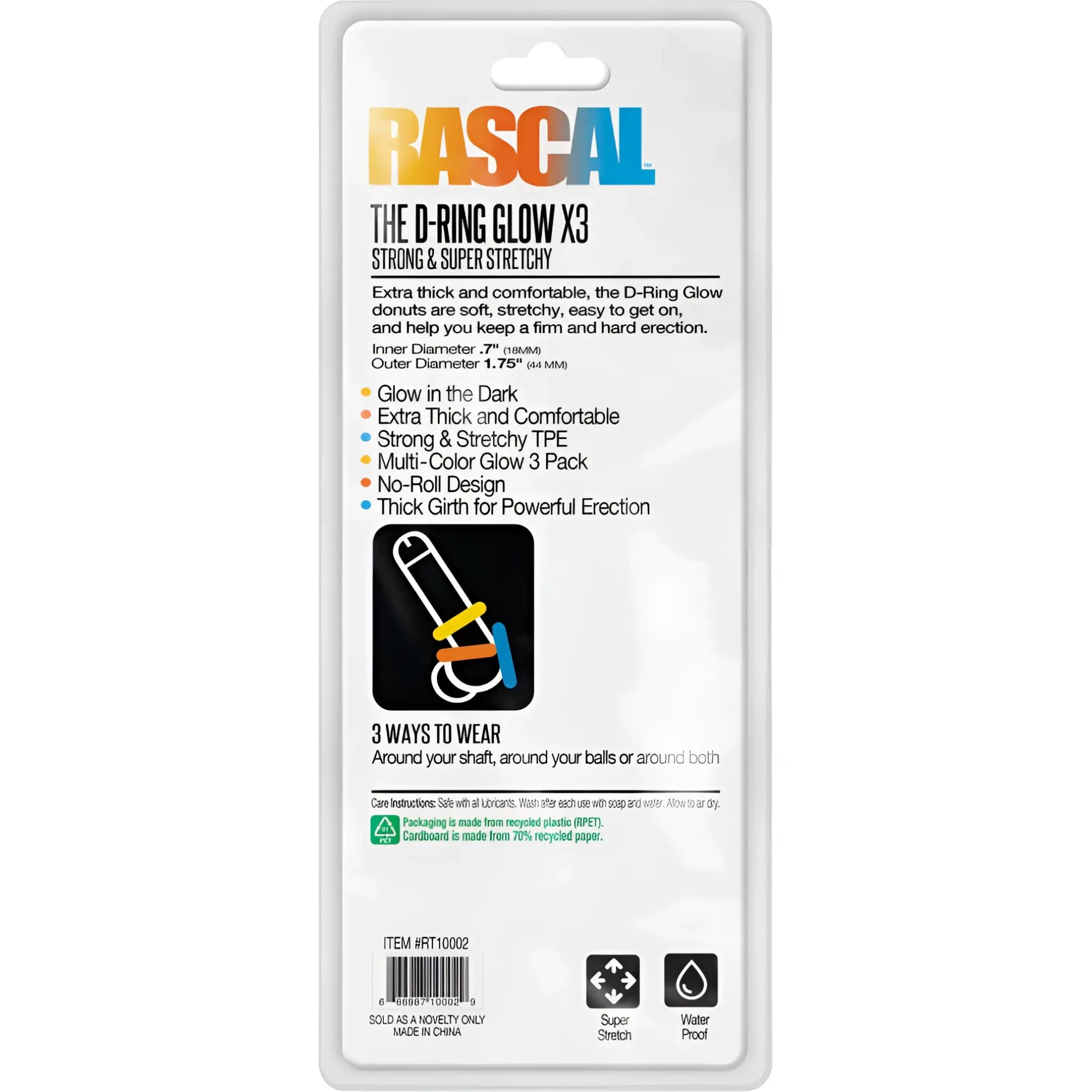 Rascal the d-ring glow x3 multi-color glow-in-the-dark tpe product with extra thick stretchy design