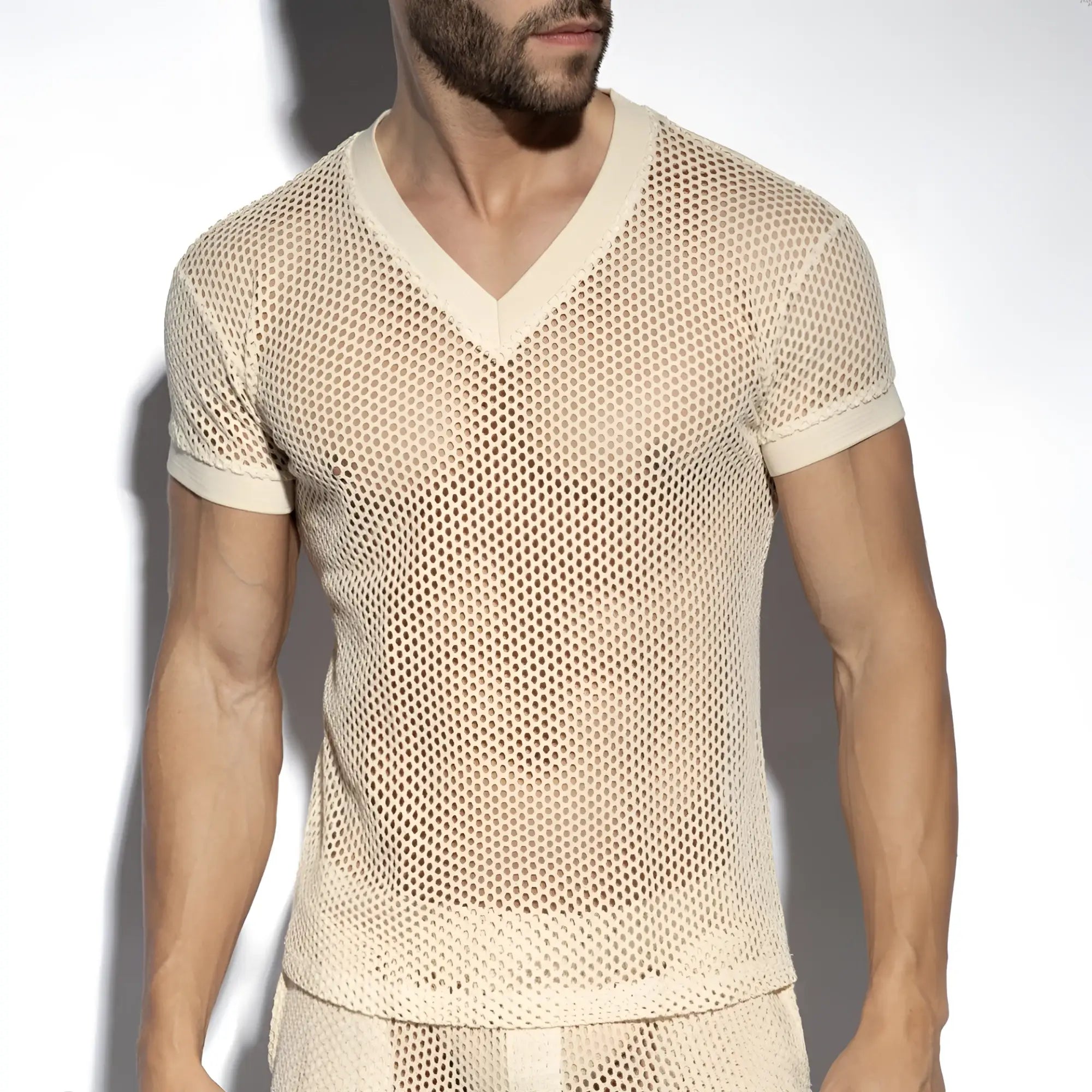 Beige raw crochet t-shirt with mesh v-neck and short sleeves featuring solid trim for casual wear