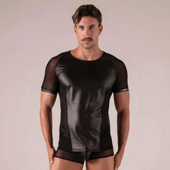 Black mesh and faux leather rebel t shirt with short sleeves and sleek modern design