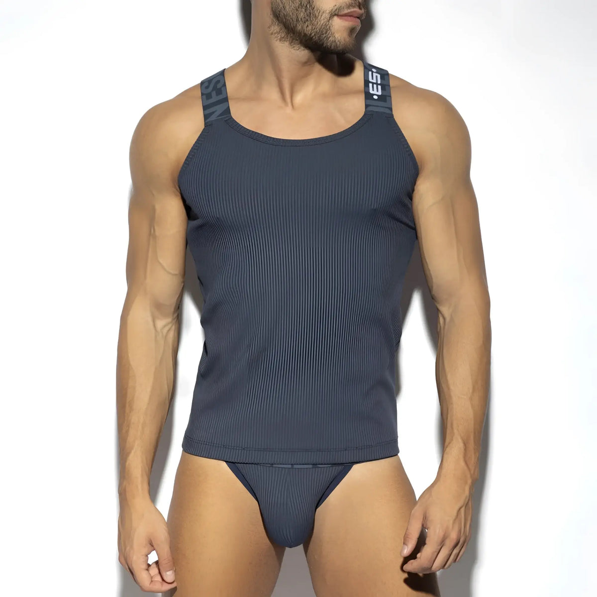 Dark gray recycled rib tank top with matching briefs featuring sleek design and branded shoulder straps