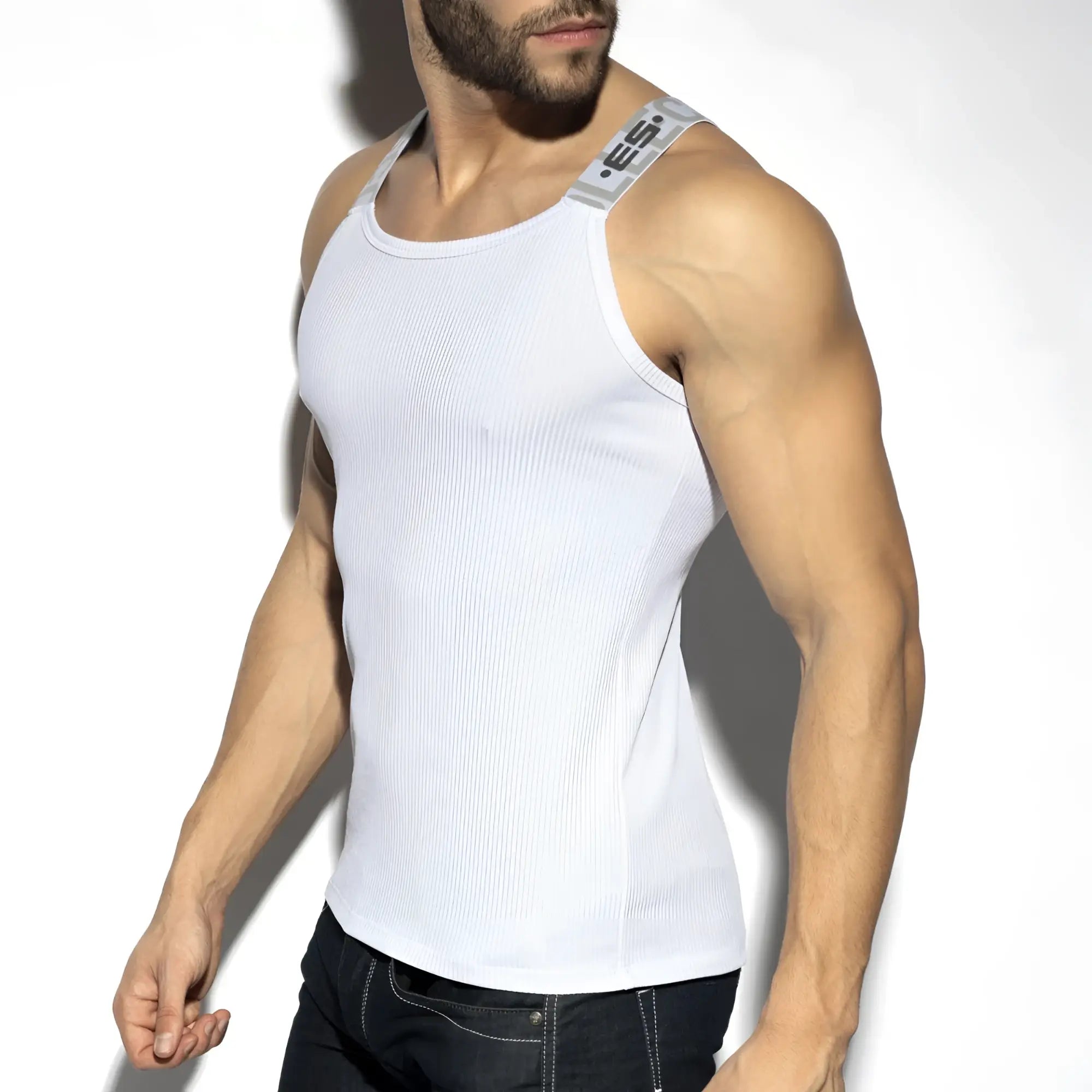 White recycled rib tank top with gray branded strap featuring a ribbed texture and eco-friendly material
