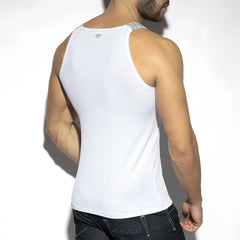 White recycled rib tank top with ribbed texture and subtle gray trim along the shoulder straps