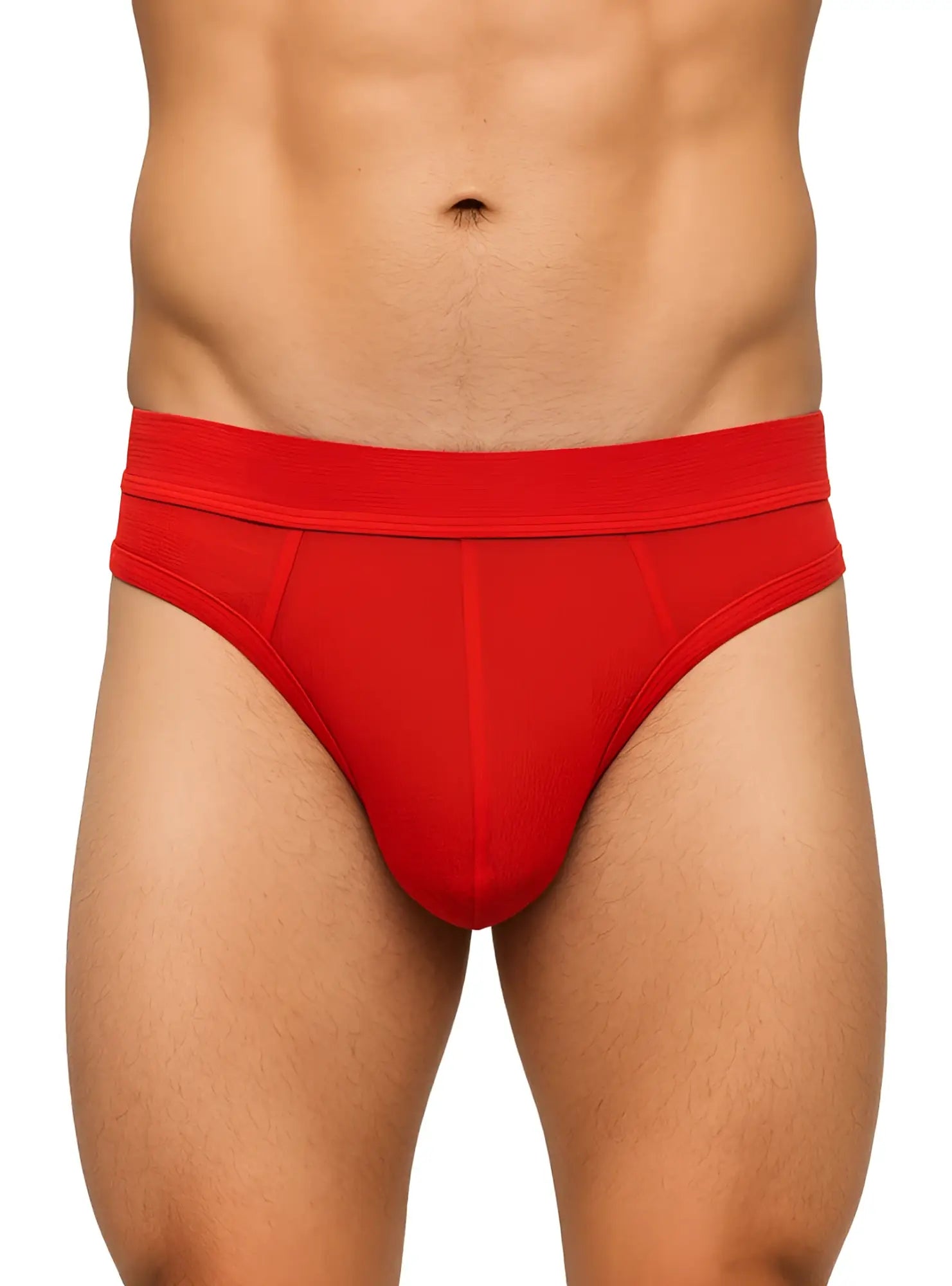 Red relax thong men’s briefs with a snug form-fitting design and elastic waistband shown from the front