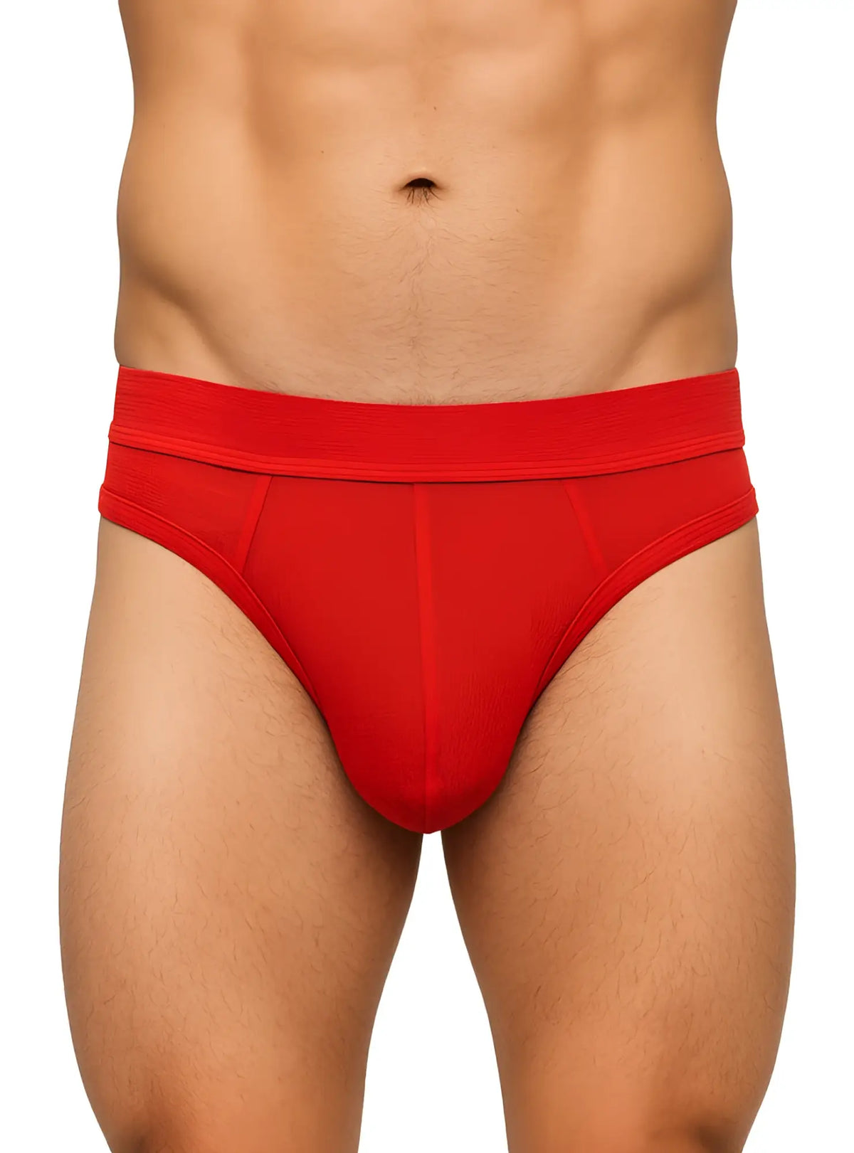 Red relax thong men’s briefs with a snug form-fitting design and elastic waistband shown from the front
