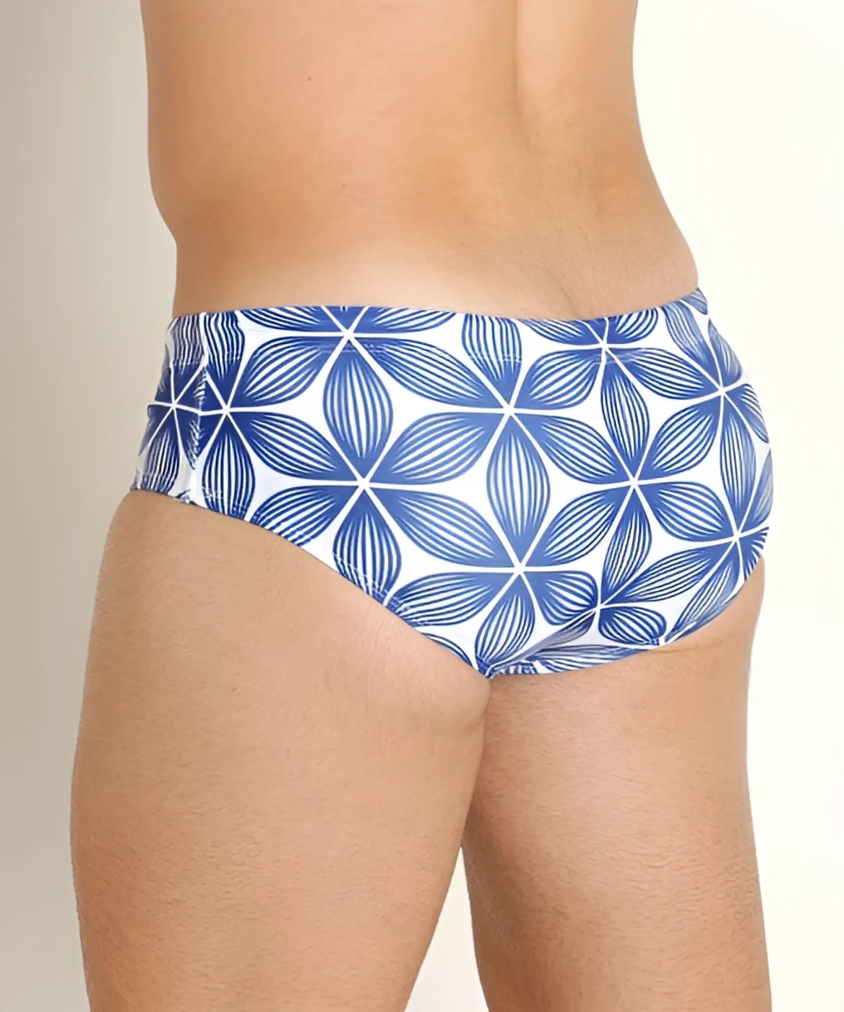 Redondo swim brief in blue and white with a geometric floral pattern designed for stylish swimwear use