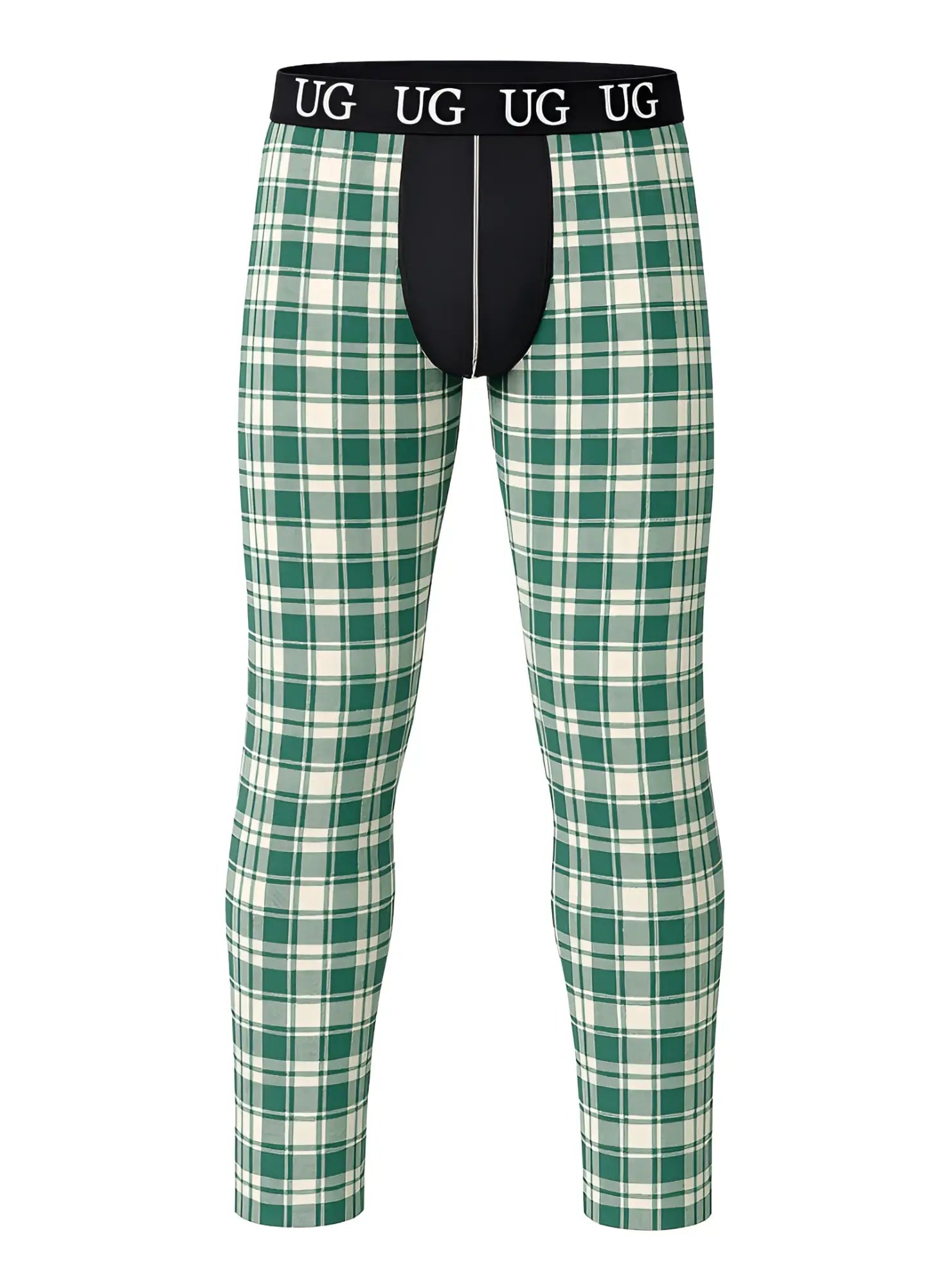 Green and white plaid relax contrast leggings with a black waistband featuring the ug logo for casual wear