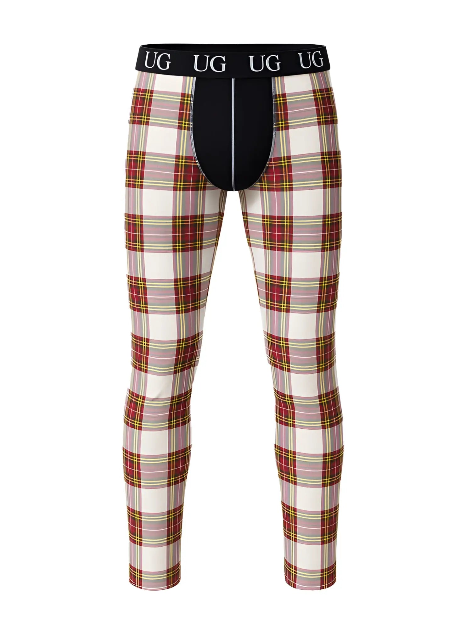 Plaid-patterned relax contrast leggings with black waistband and inner panel featuring ug logo for comfortable wear