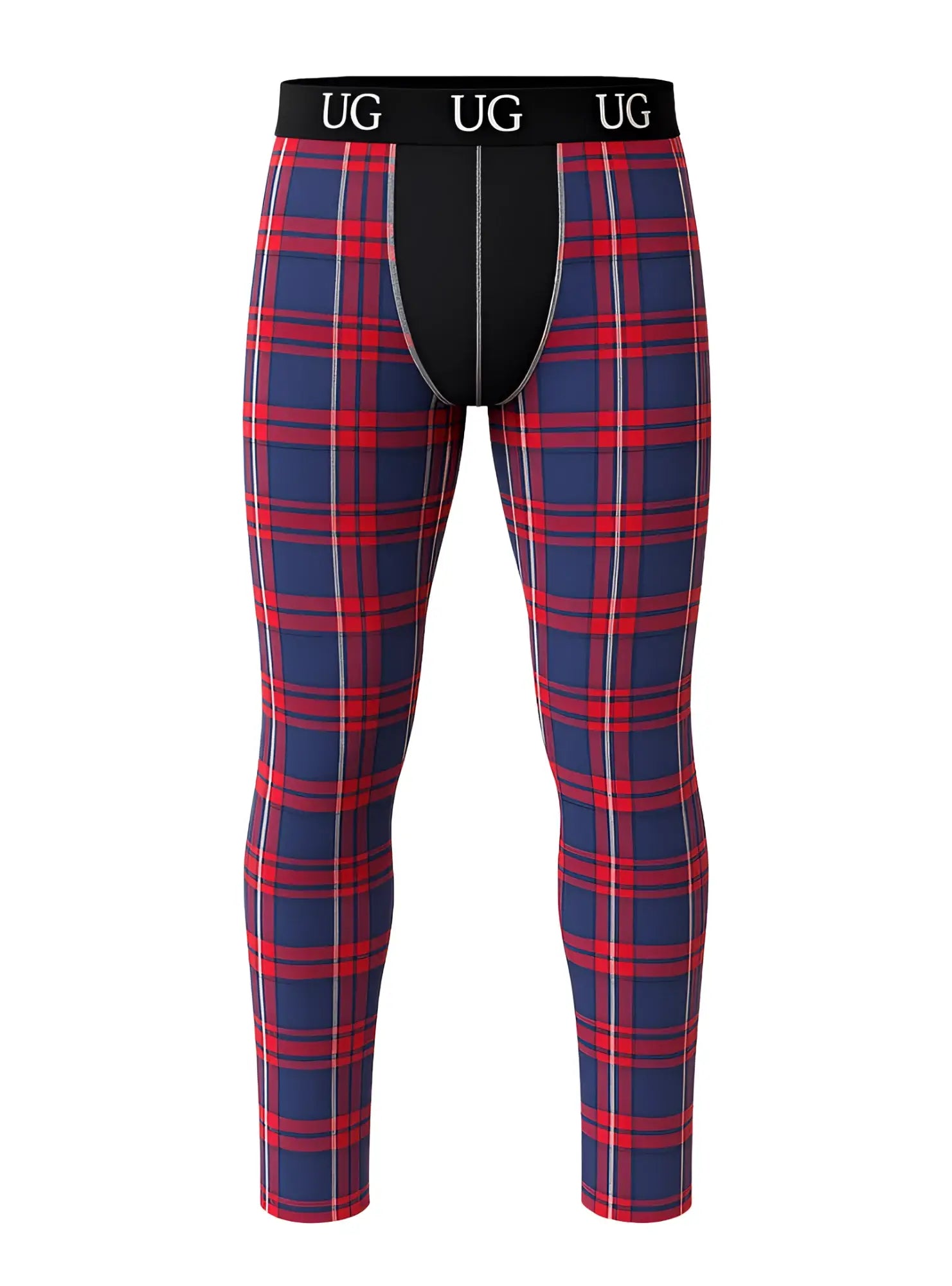 Relax contrast leggings featuring red and navy blue plaid pattern with black waistband and ug logo for casual wear