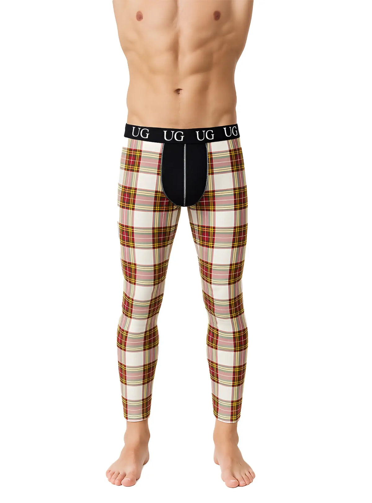 Ug brand men’s plaid patterned compression tights with a black waistband and central panel from relax contrast leggings