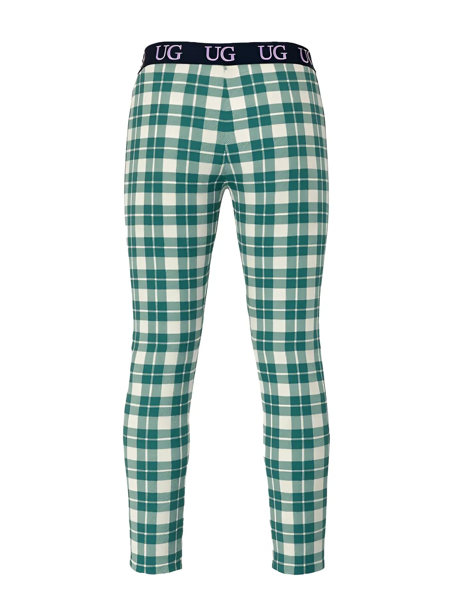 Relax leggings in green and white plaid with a navy blue waistband featuring the ug logo for comfortable wear