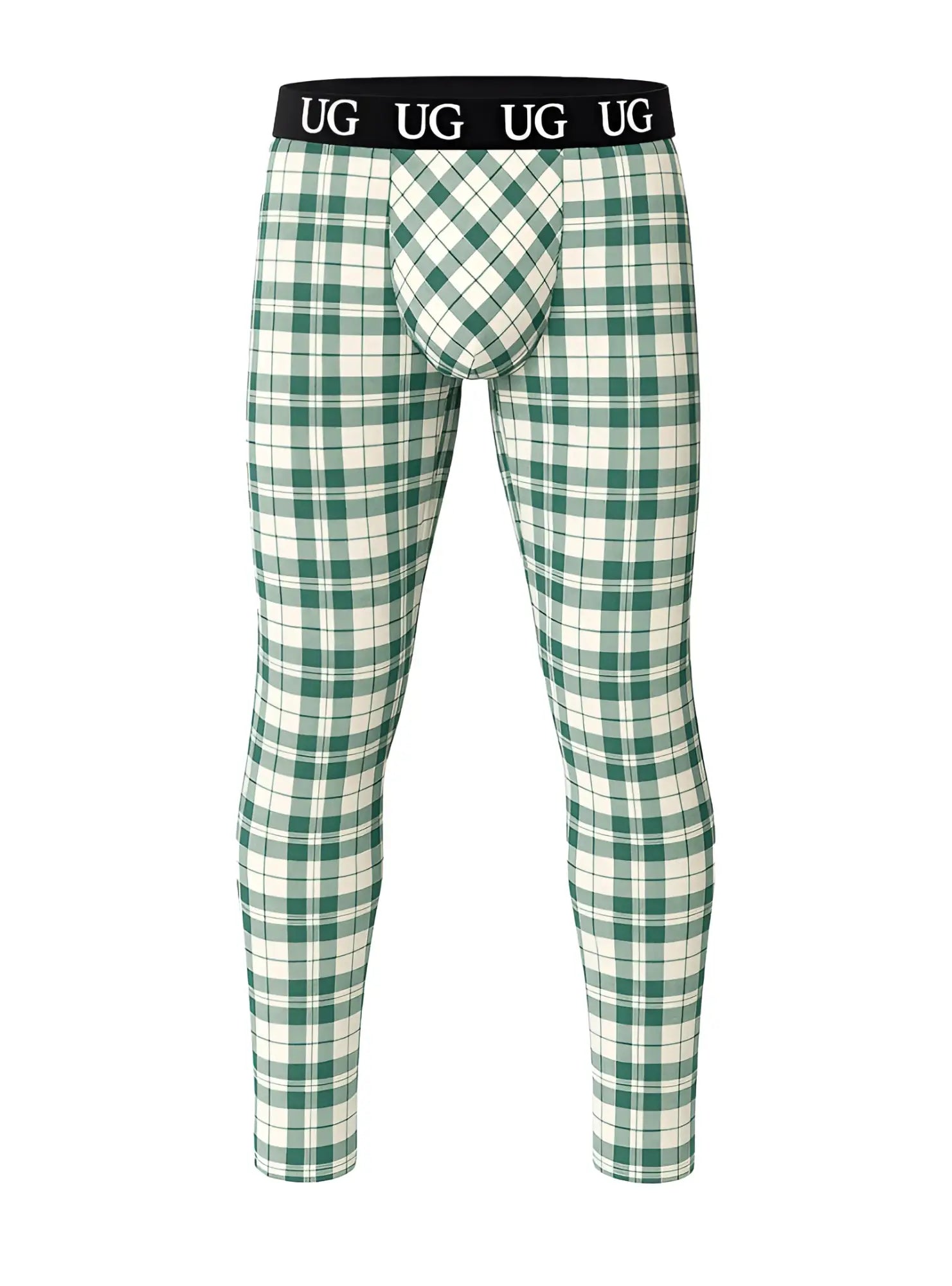 Green and white plaid ug underwear pants with black waistband featuring logo in relax leggings product