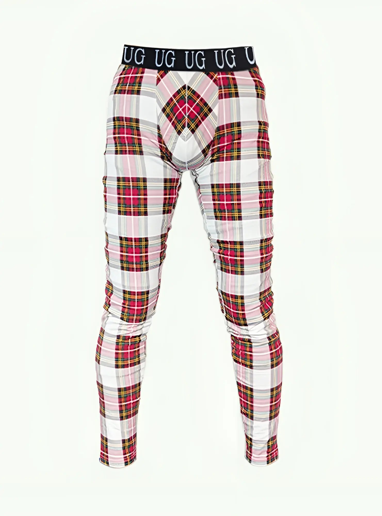 Plaid-patterned ug underwear with a black waistband featuring repeating ug branding designed for relaxed comfort
