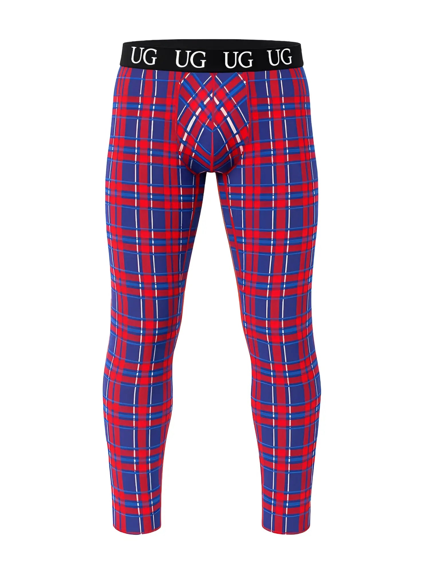 Relax leggings featuring red and blue plaid pattern with black waistband and ug logo for comfortable wear