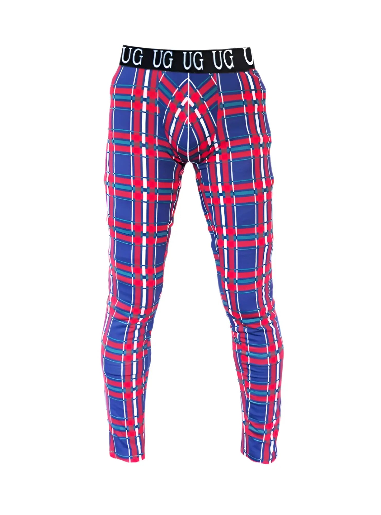 Relax leggings in red blue and white plaid fabric with a black waistband featuring the brand logo