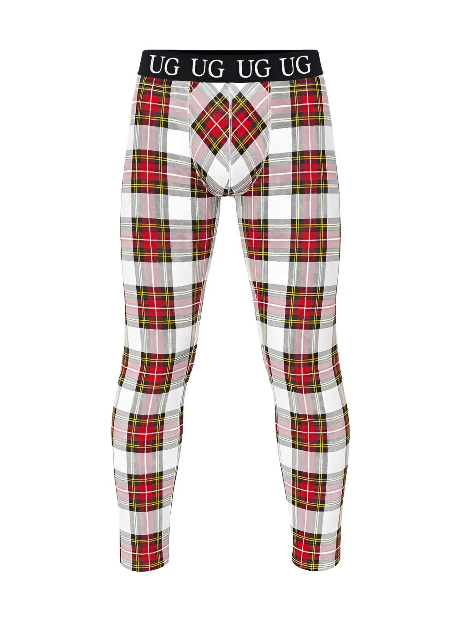 Relax leggings feature red white and green plaid patterned fabric with a black waistband displaying the brand logo