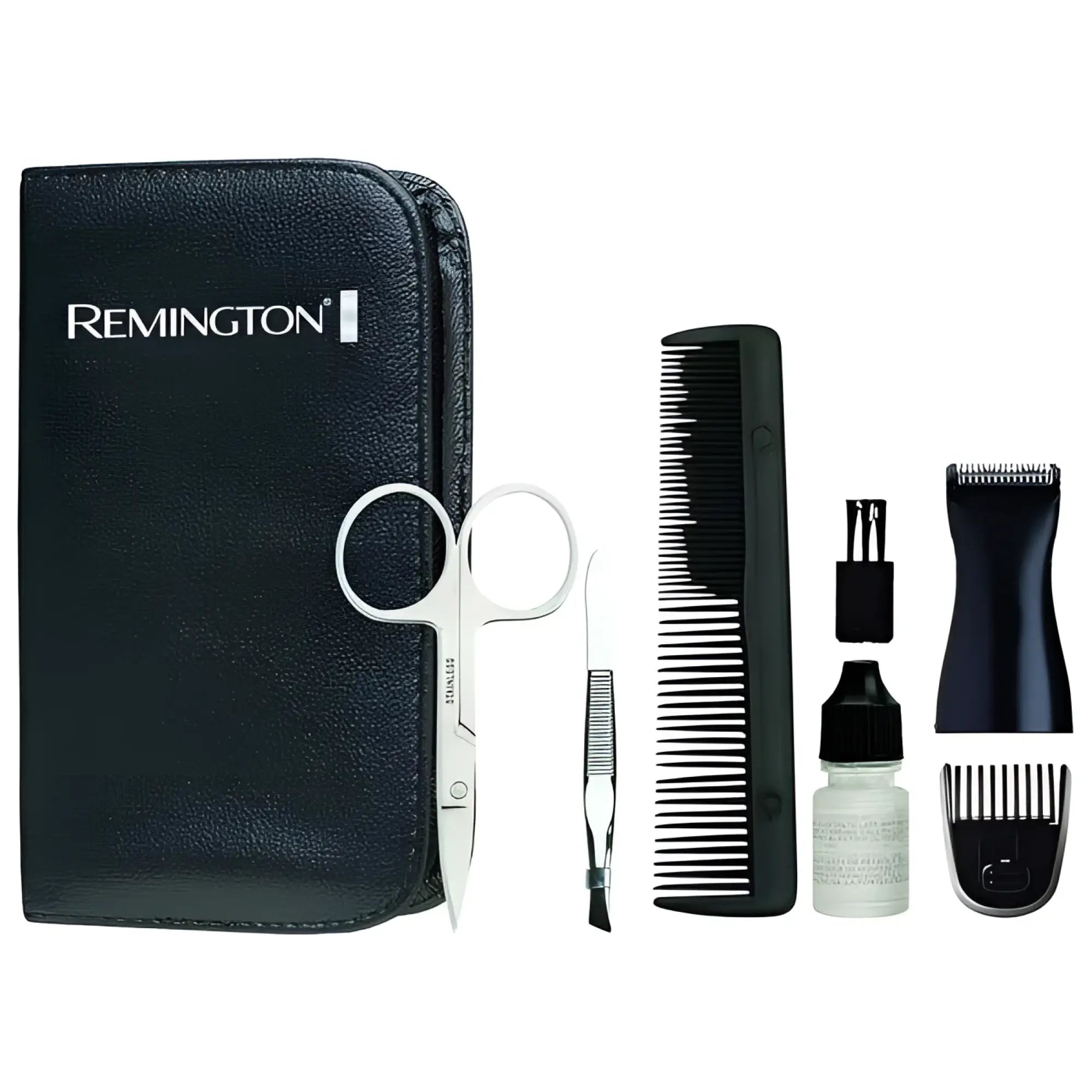 Black leather remington travel grooming kit with stainless steel scissors comb and electric clipper for trimmer use