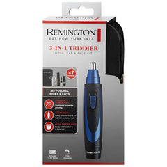 Blue and black remington 3-in-1 nose ear and face trimmer with stainless steel blades for precise grooming