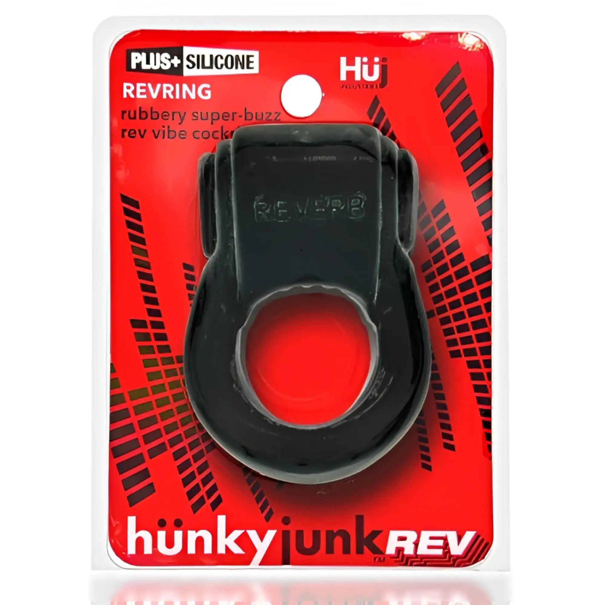 Black silicone ring with red interior by hunky junk rev featuring a vibe for enhanced sensory experience