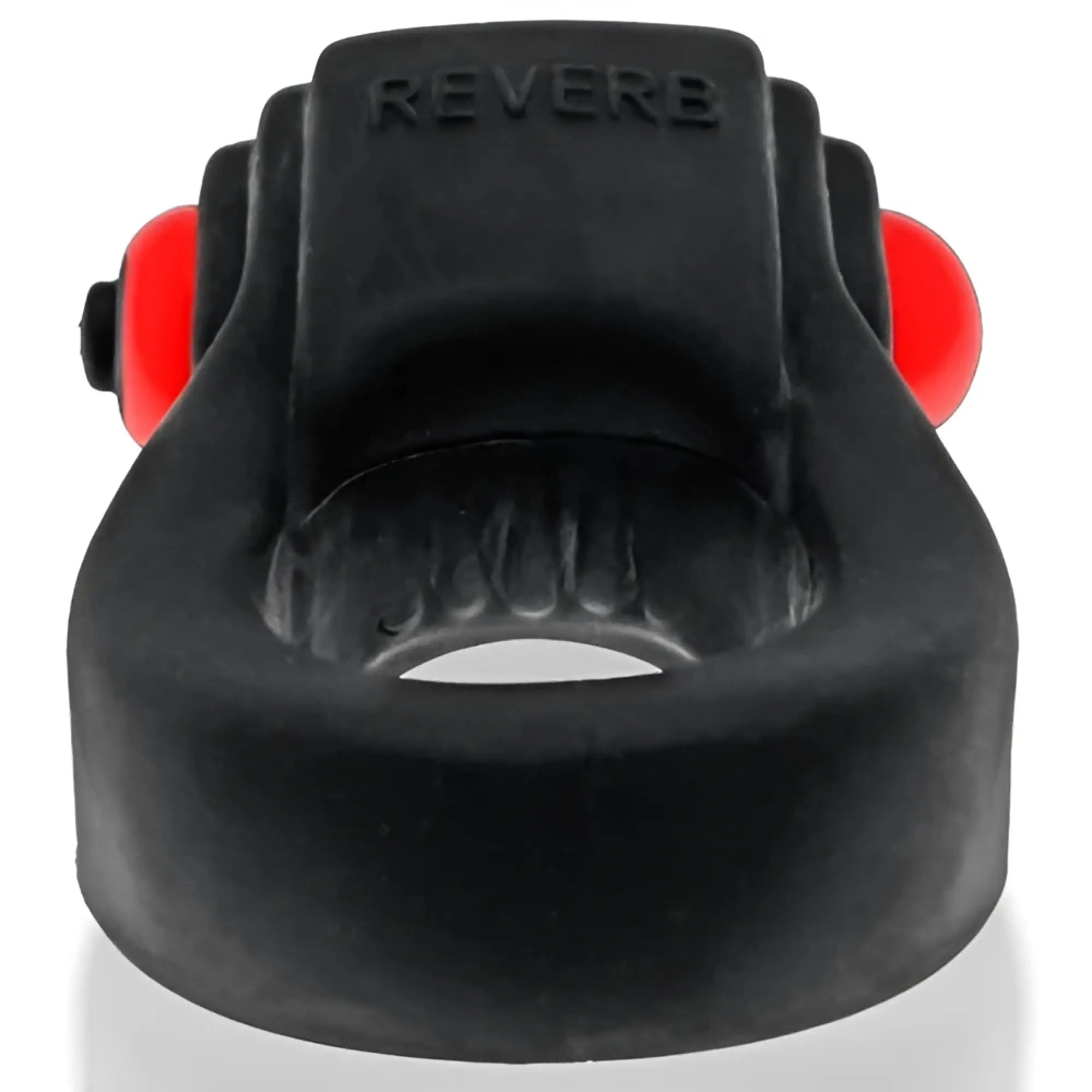 Black silicone revring with vibe featuring red spherical ends and reverb embossed on top