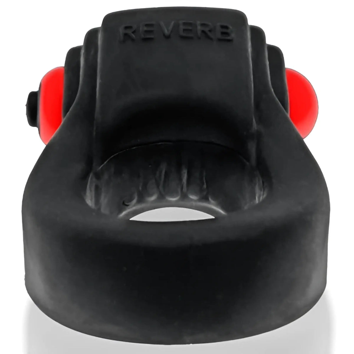 Black silicone revring with vibe featuring red spherical ends and reverb embossed on top