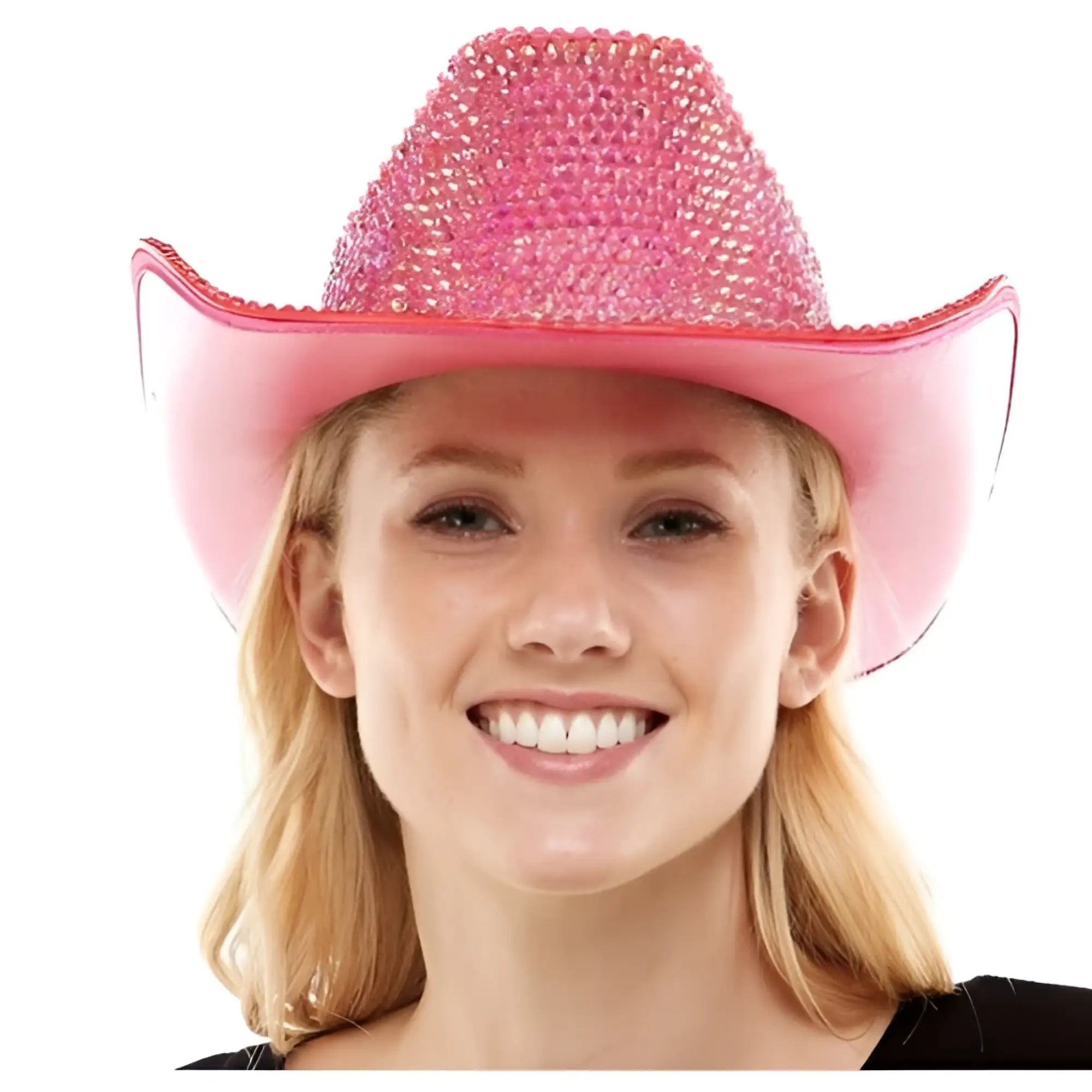 Pink rhinestone cowboy hat featuring sparkling embellishments for stylish western wear and events