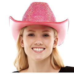 Pink rhinestone cowboy hat featuring sparkling embellishments for stylish western wear and events