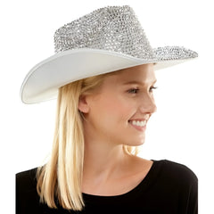 Silver rhinestone cowboy hat with glitter finish featuring sparkling stones on crown and brim for stylish wear