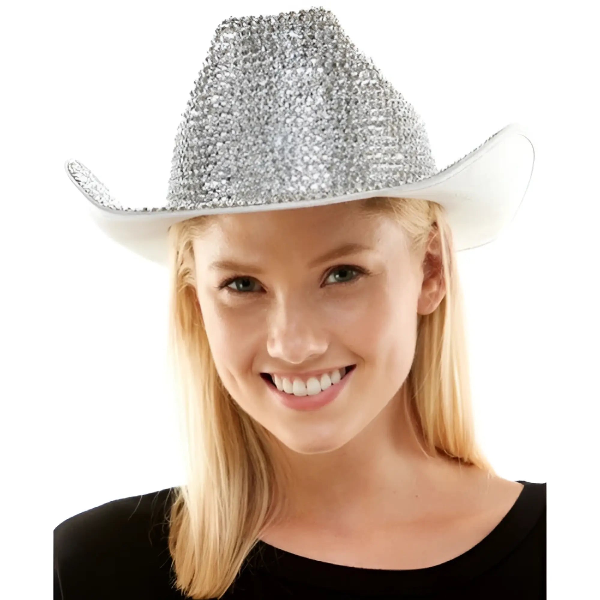 Silver rhinestone cowboy hat with a white brim featuring sparkling decoration for stylish western wear