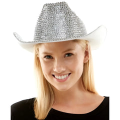 Silver rhinestone cowboy hat with a white brim featuring sparkling decoration for stylish western wear