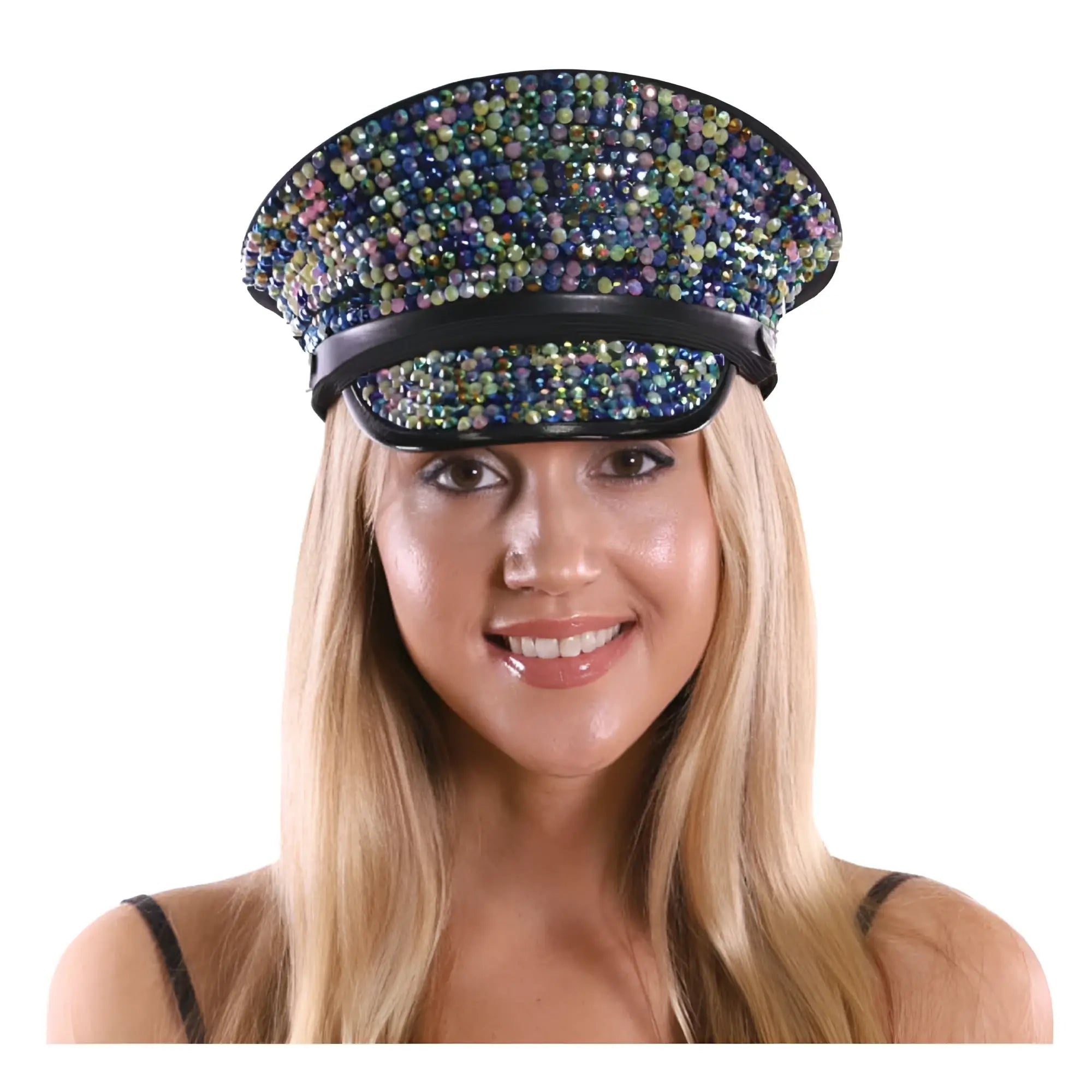 A black rhinestone festival hat covered with multicolored blue green and purple rhinestones