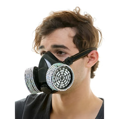Black rhinestone gas mask featuring sparkling filters and facepiece for stylish protective use