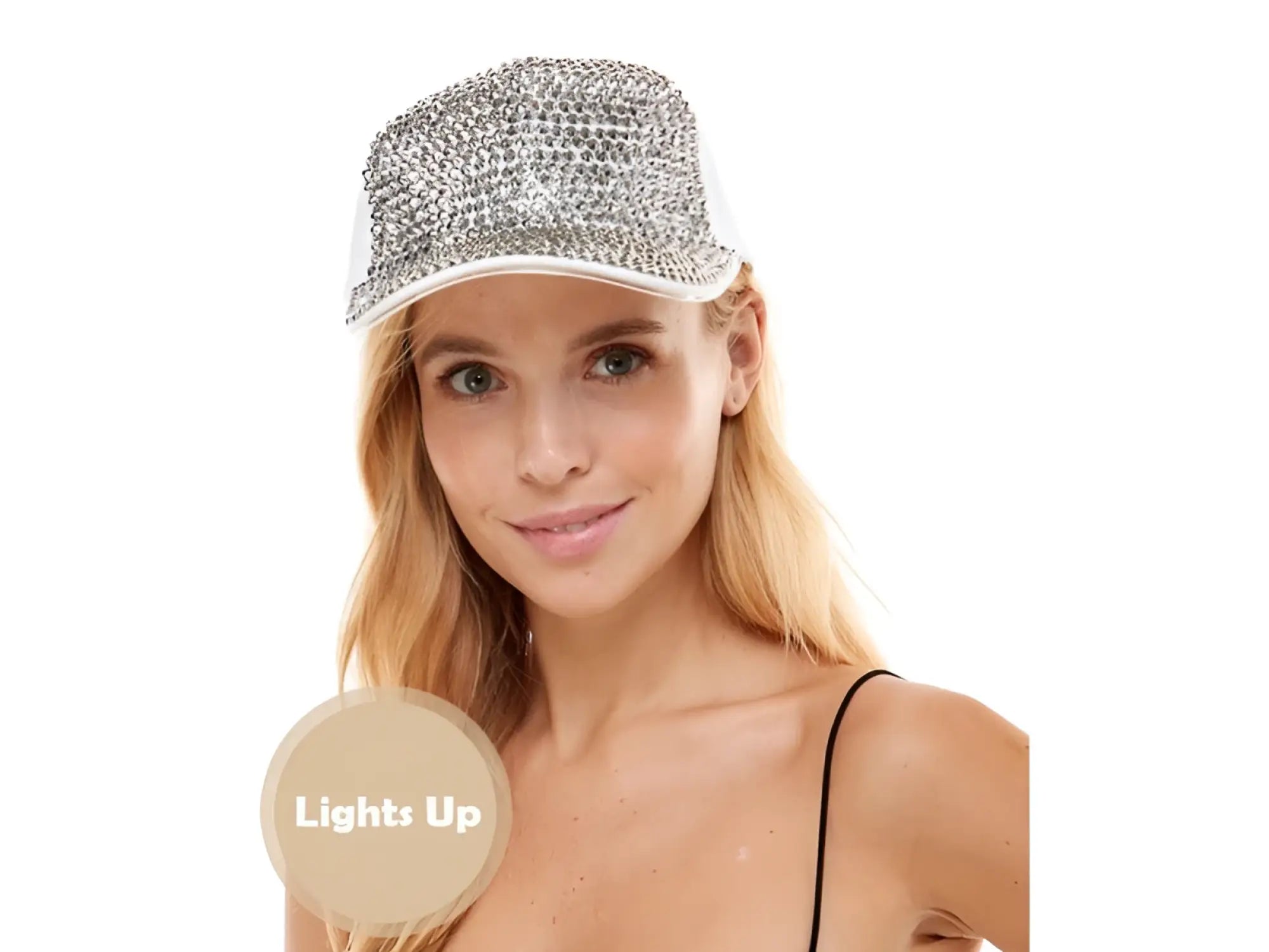 White baseball cap embellished with silver rhinestones rhinestone light up cap with sparkling design