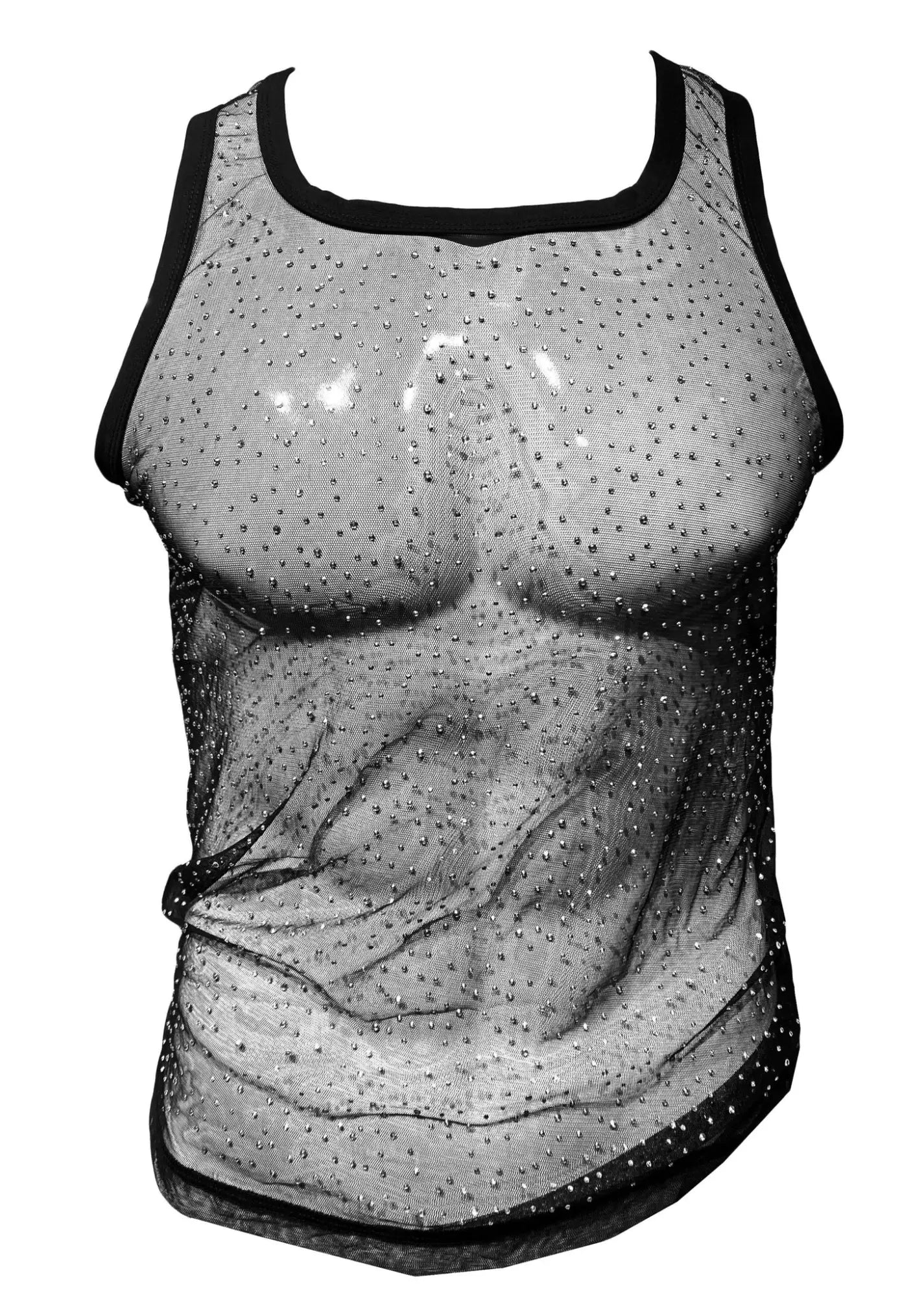 Black mesh tank top with sheer embroidered muscular torso design and sparkling rhinestones rhinestone mesh tank top