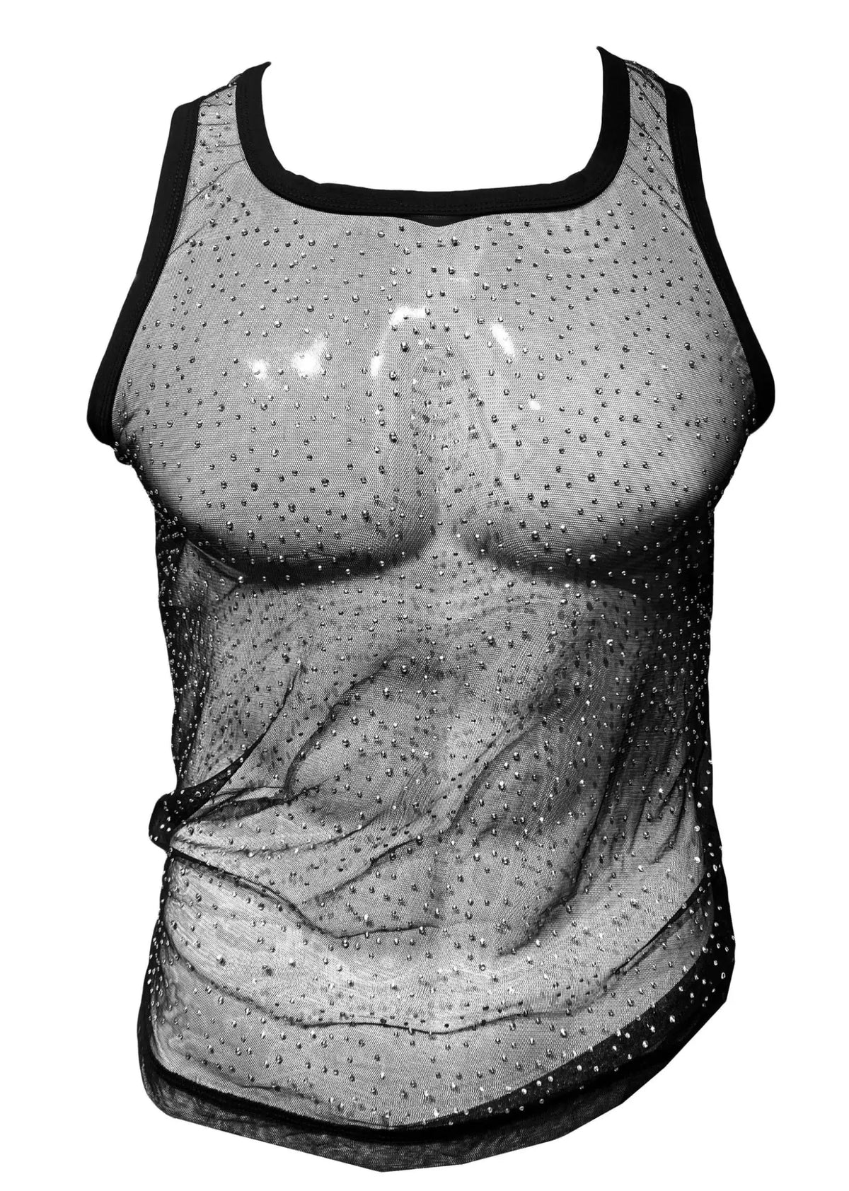 Black mesh tank top with sheer embroidered muscular torso design and sparkling rhinestones rhinestone mesh tank top