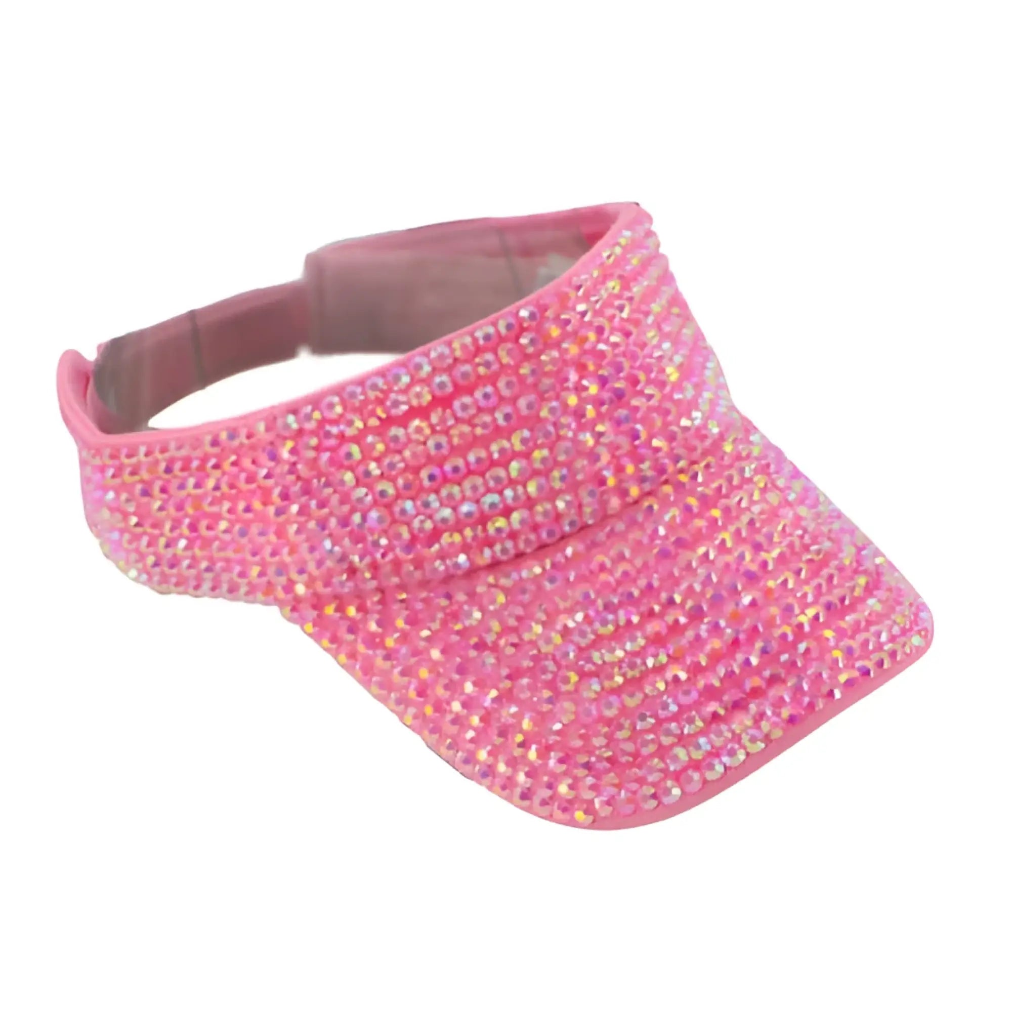 A vibrant pink rhinestone visor sparkling with dense rhinestones available in five colors
