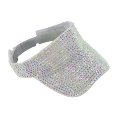 A shimmering white rhinestone visor densely covered with sparkling rhinestones available in 5 colors