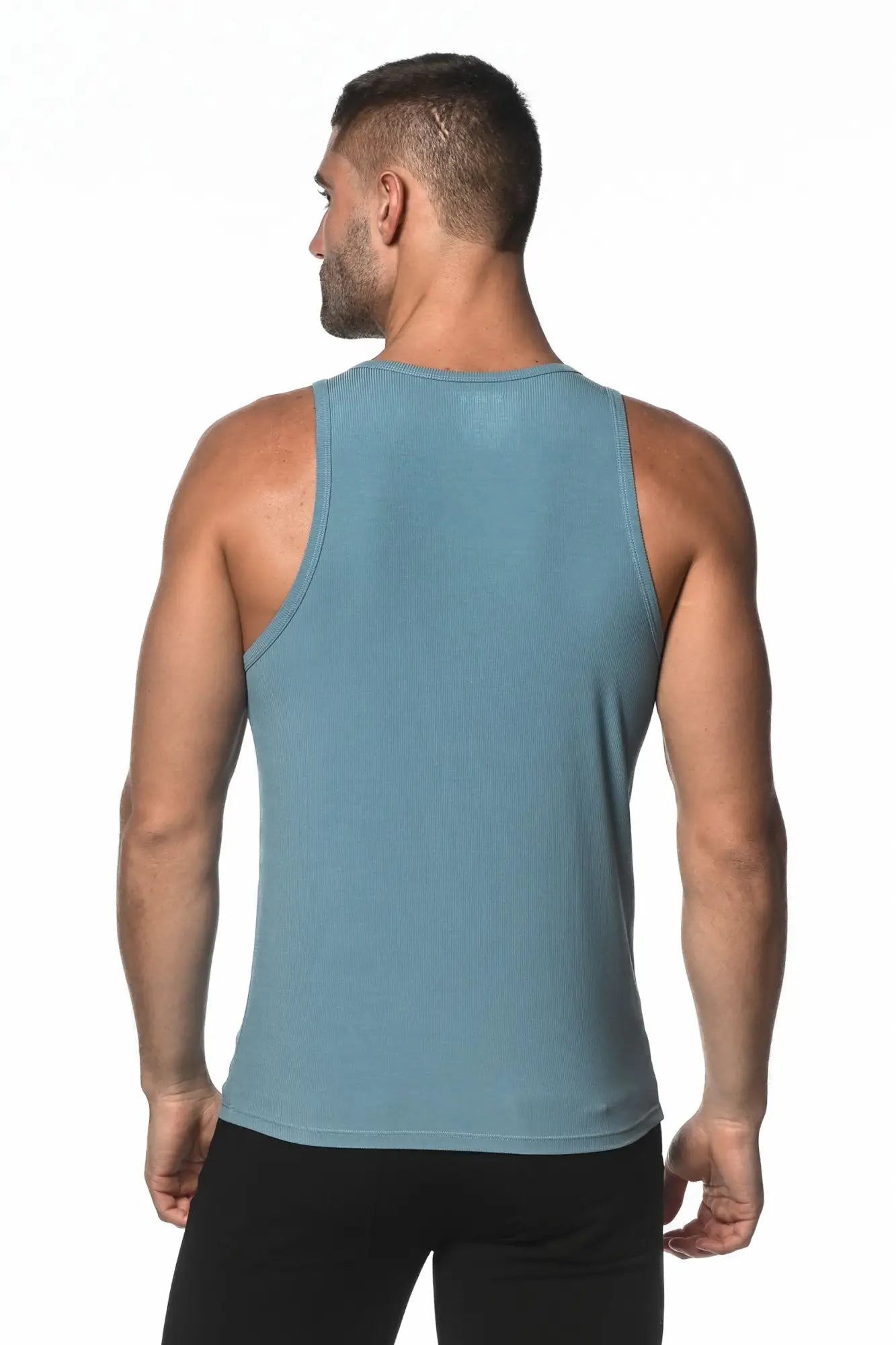 A sleek light blue rib modal tank top with ribbed texture fitted silhouette and clean neckline for casual wear