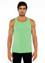 A solid light green rib modal tank top with sleeveless design and round neckline for casual wear
