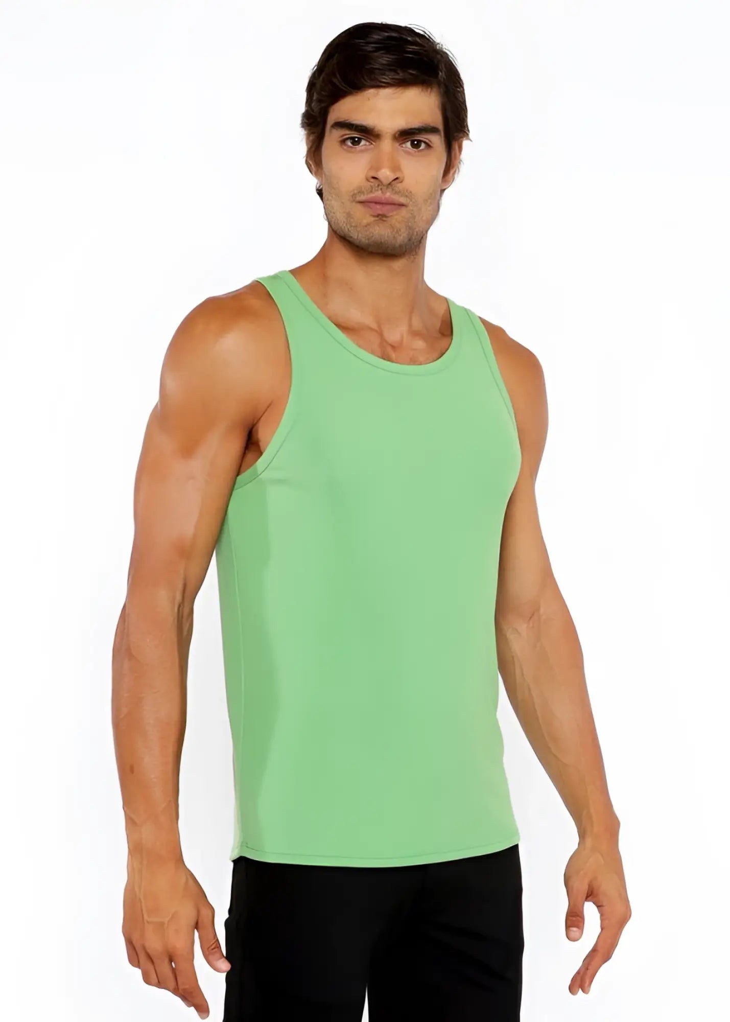 A solid light green rib modal tank with sleeveless design and round neckline for comfortable casual wear