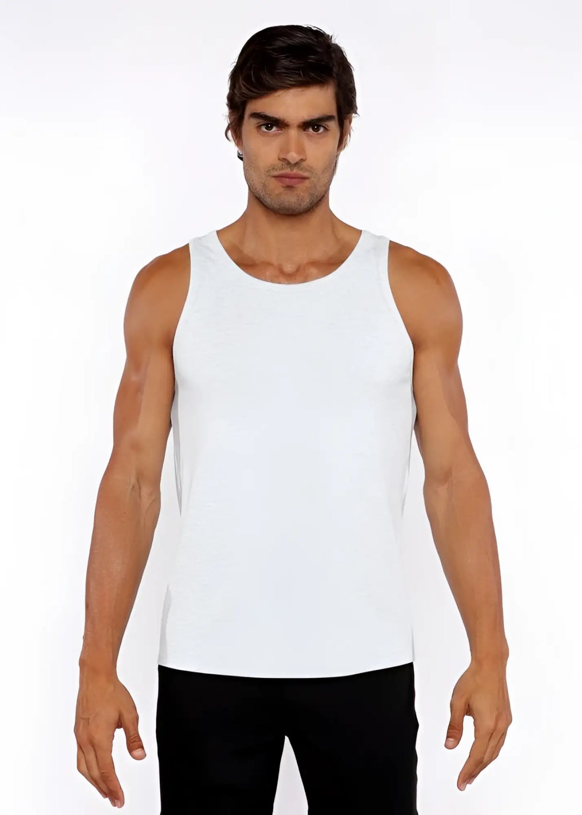 White rib modal tank with sleeveless design round neckline and relaxed fit for comfortable wear