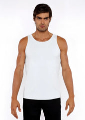 White rib modal tank with sleeveless design round neckline and relaxed fit for comfortable wear
