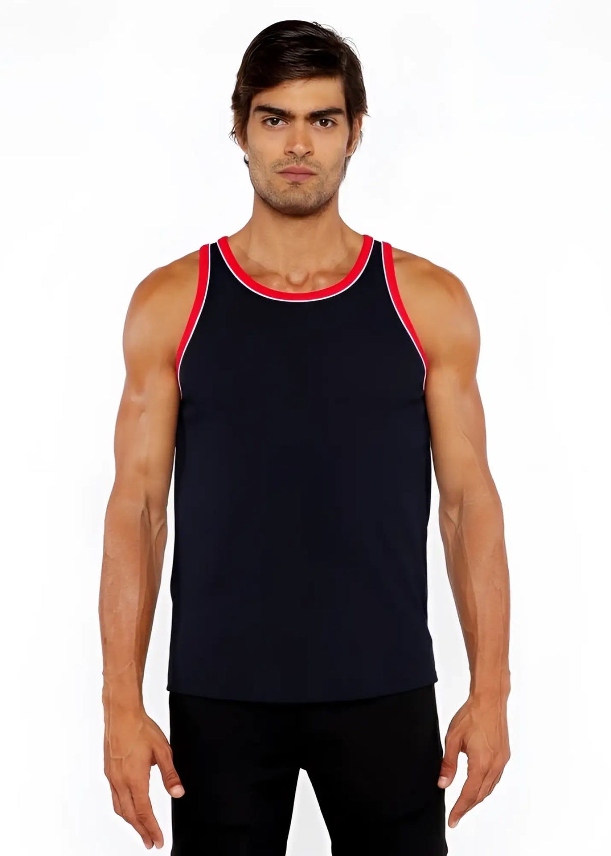 Black rib stretch ringer tank with red and white piping detail and trim on front side
