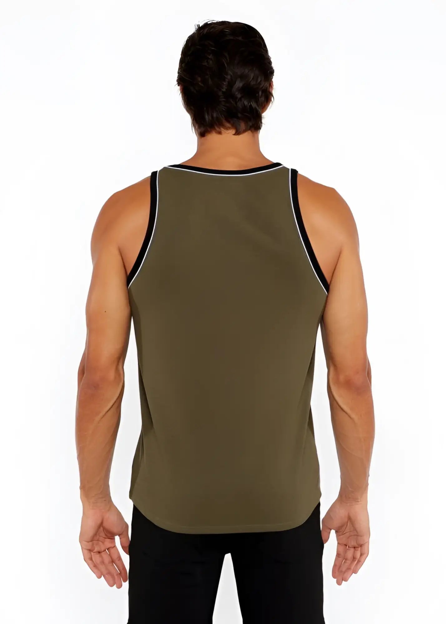 Olive green rib stretch ringer tank top with black and white piping detail along neckline and armholes