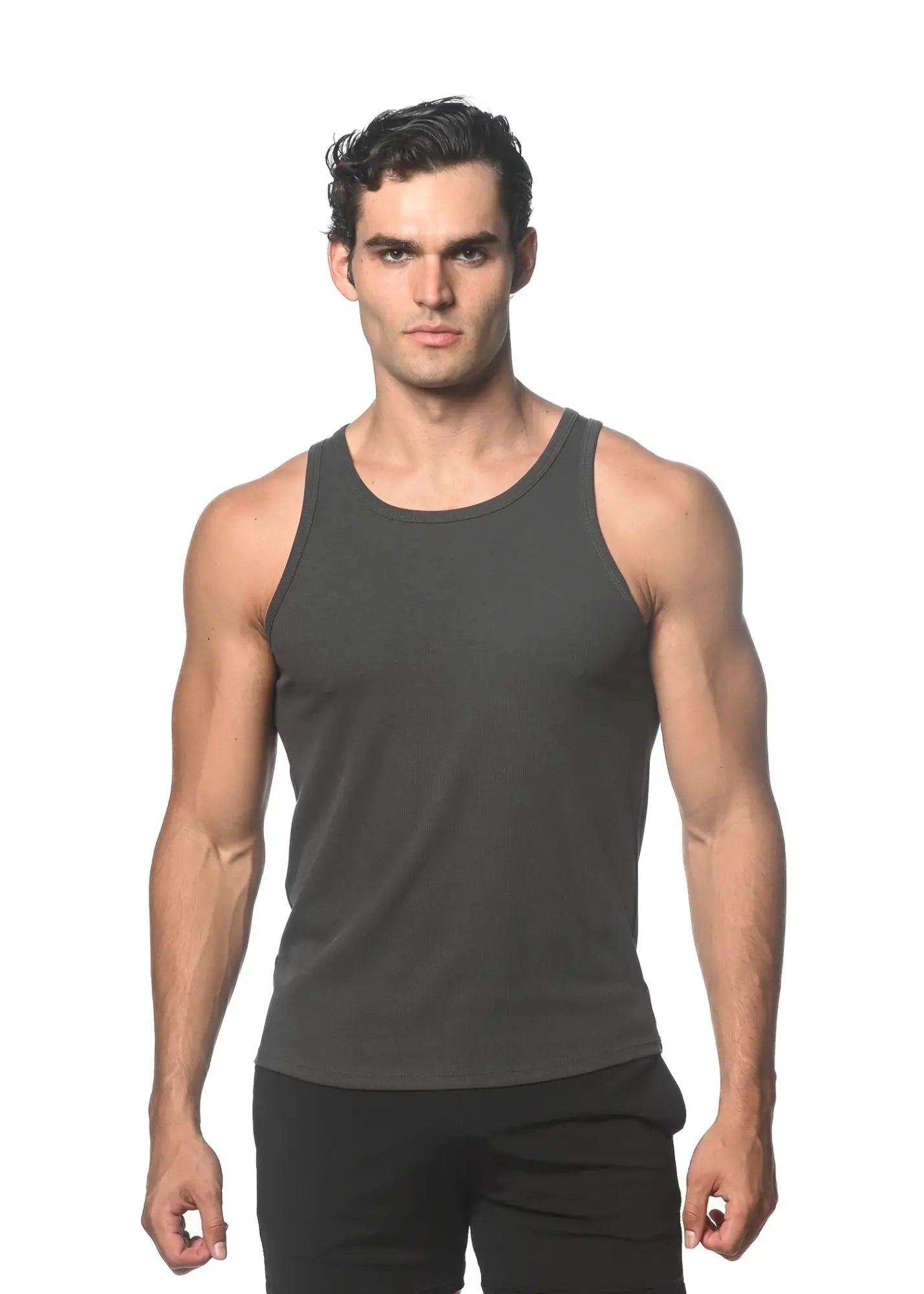 Dark gray rib stretch tencel cotton tank top with a simple fitted sleeveless design for casual wear