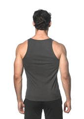 Dark gray sleeveless rib stretch tencel cotton tank top with a fitted simple design for casual wear