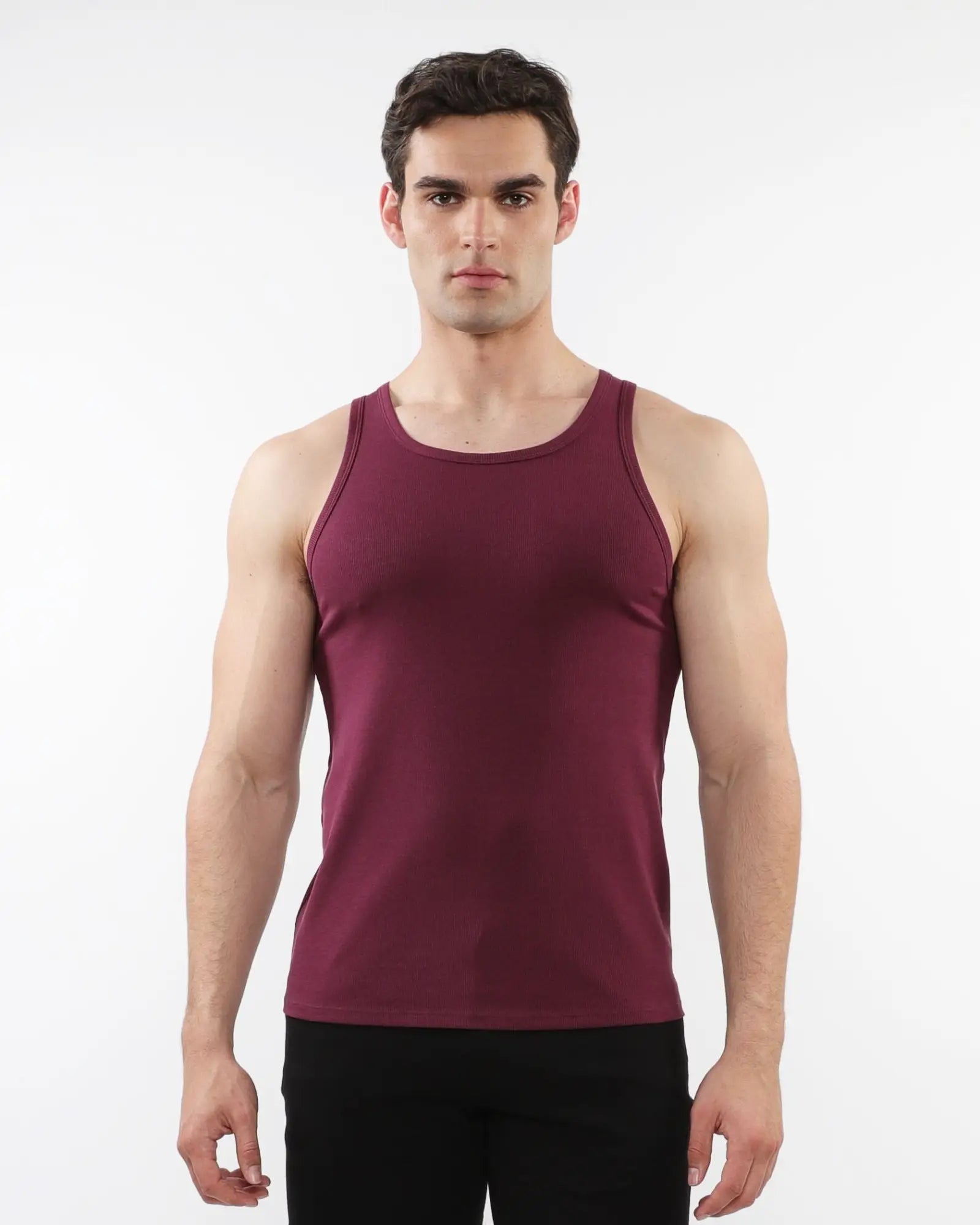 A maroon rib stretch tencel cotton sleeveless tank top with a simple fitted design for casual wear